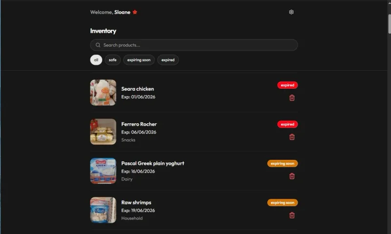 expiro app dashboard on mobile screen