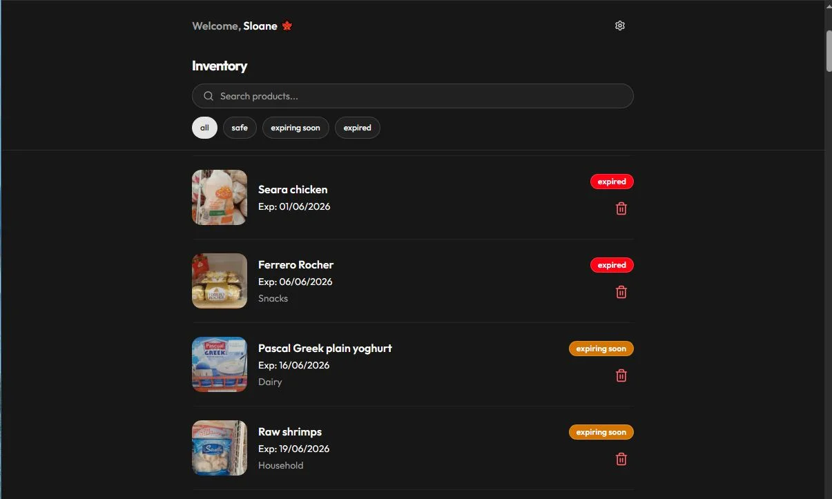 Expiry homepage showing product listing
