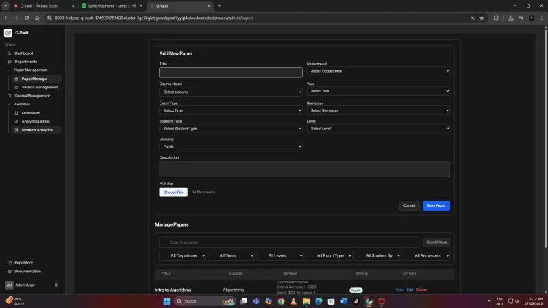 Q-Vault Paper Upload Page